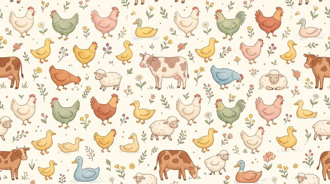 Cute Cottagecore Farm Animals Seamless Pattern
