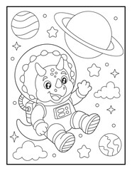 Triceratops Astronaut Floating in Space Coloring Page for Kids. Simple Black and White Dinosaur Space Illustration. © laky
