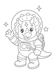 Printable Baby Triceratops Astronaut Coloring Sheet. Cute Cartoon Dinosaur Space Activity for Kids © laky