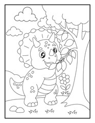 Triceratops Eating a Tree Leaf Coloring Book Page for Kids. Easy Printable Dinosaur Nature Activity. © laky