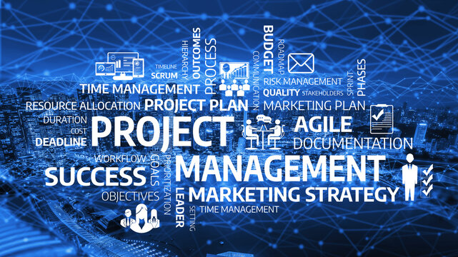 This image illustrates the concept of project management featuring essential keywords related to strategies, tools, and concepts that drive success in modern projects. Tessel