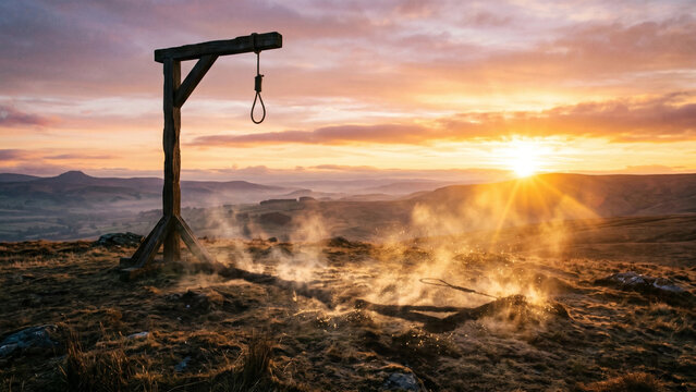 World Day against the Death Penalty. Surreal: shadow of gallows dissolving under warm sunrise light