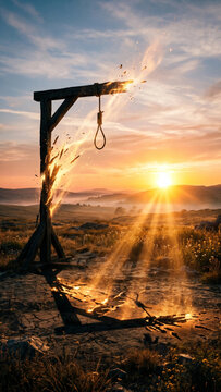 World Day against the Death Penalty. Sunset over a broken gallows with shattered wood and sunlight beams