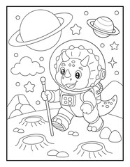 Cartoon Triceratops Astronaut Walking on an Alien Planet Coloring Book Page for Kids. Easy Printable Space Adventure Activity. © laky