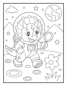 Cartoon Triceratops Astronaut Exploring a Planet with a Magnifying Glass Coloring Book Page for Kids. Easy Printable Space Adventure Activity.