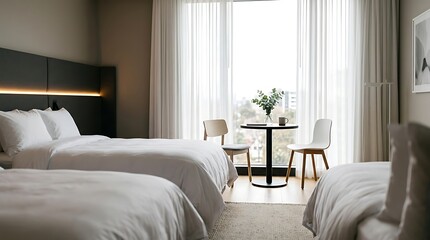 Fototapeta premium Modern hotel room interior with two beds and a small dining table by the window.