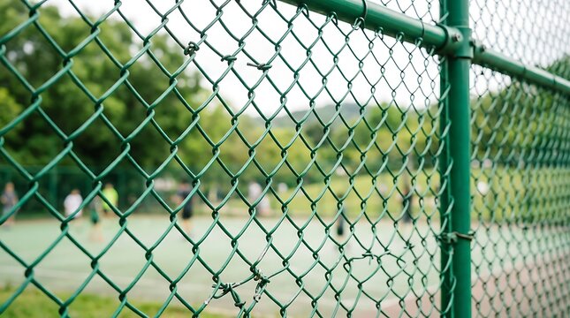 Green chain link fence enclosing a public outdoor sports court with blurred background