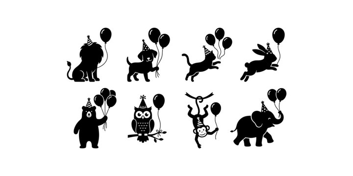 Party animals icon set with lion dog cat rabbit bear owl monkey and elephant wearing party hats holding balloons