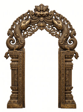 Graceful South Indian temple doorway frame with curling Makara ornaments, openwork floral arch and antique bronze carvings