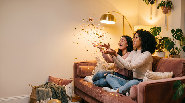 Two women friends celebrating with gold confetti on tan sofa