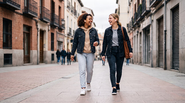 Two women friends walking through historic city street smiling together