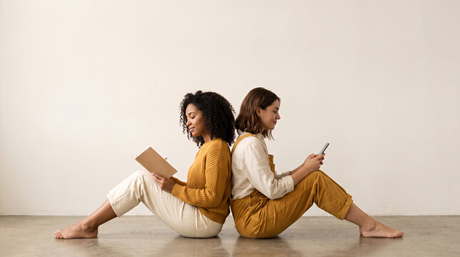 Two young women sitting back to back reading and using smartphone