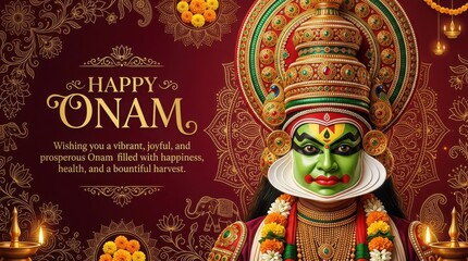 Fototapeta premium Kathakali mask illustration for happy onam with gold mandala patterns and floral elements on deep red luxury background.