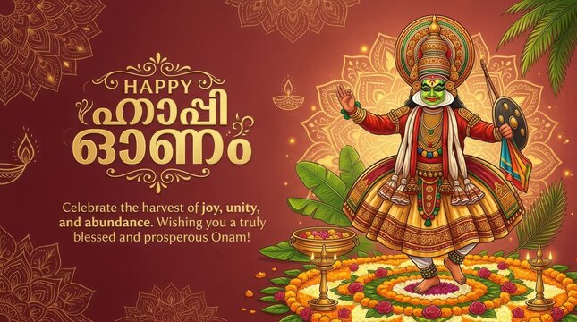 Full length kathakali dancer performing on flower carpet with malayalam text for traditional onam festival celebration.
