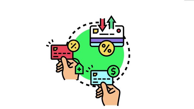 Financial account debiting and crediting transactions circulating between different payment cards, representing money flow, banking operations, and payment methods
