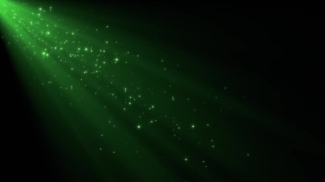 Green Light Rays with Glitter Stars Dust Animation, Glowing Particle Beam, Technology & Sicence and New year Stream Social Media Motion Background