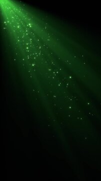Green Light Rays with Glitter Stars Dust Animation, Glowing Particle Beam, Technology & Sicence and New year Stream Vertical Social Media Motion Background