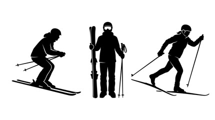 Naklejka premium Silhouettes of people skiing in winter sports settings.