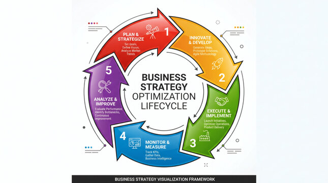 Circular business strategy optimization lifecycle diagram with five colorful arrows showing a continuous workflow for finance advisory and working capital management