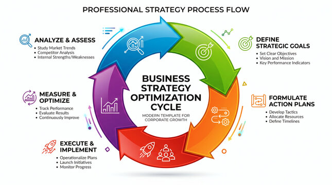 Business strategy optimization cycle infographic template with five circular steps and growth icons for corporate finance advisory and working capital management planning