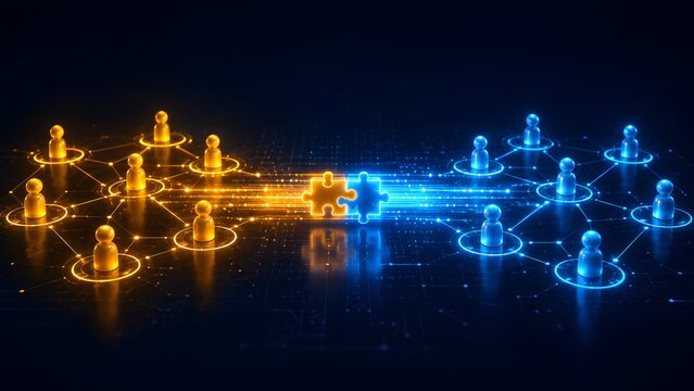 Visualizing the powerful connection and seamless integration between diverse teams and digital systems, symbolizing collaborative problem-solving and unified business strategy.