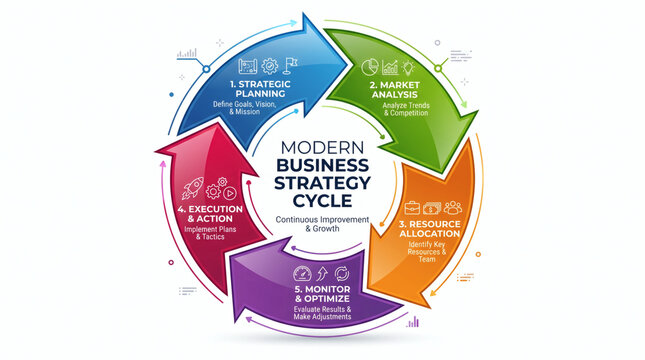 Circular business strategy infographic diagram illustrating a five-step corporate management cycle from planning to execution for working capital and finance advisory services