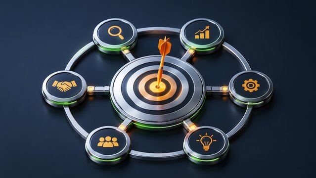 A comprehensive strategic business plan visualization, illustrating interconnected key elements and processes leading to goal achievement and successful market outcomes.