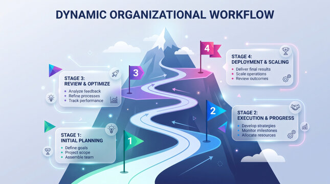 Dynamic workflow infographic featuring a winding mountain path to business financing success across four stages of planning, execution, progress, and optimization