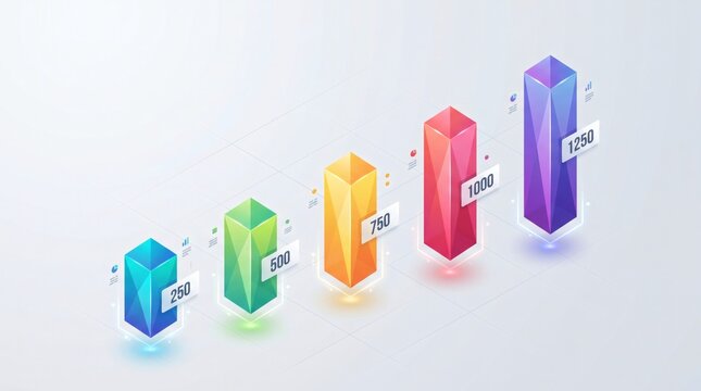 Isometric colorful 3D bar chart illustration showing ascending low poly data columns for business financing services and small business loan analytics presentation