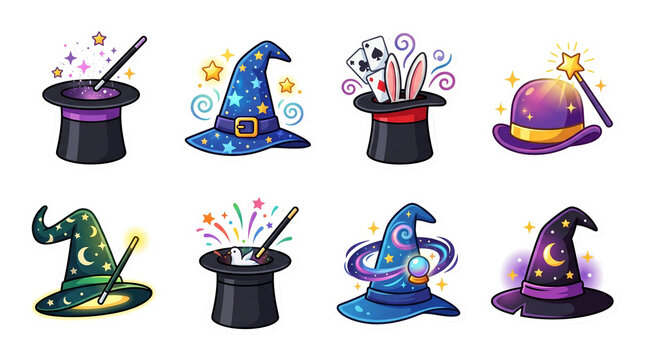 Set of magic wizard hats and magician top hats with wands and playing cards icons
