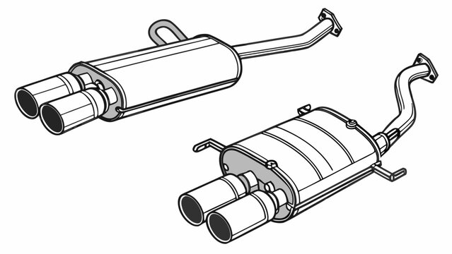 A set of two automotive exhaust system mufflers with dual tailpipes and metal piping on a white background, technical