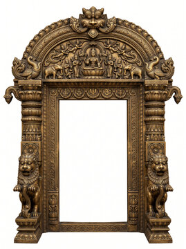 South Indian temple doorway frame with guardian lion sculptures, richly carved arch, floral relief and antique golden bronze finish
