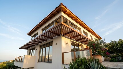 Fototapeta premium Modern luxury villa exterior with wooden pergola and balcony under clear blue sky