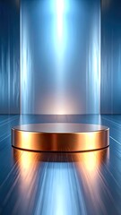 Obraz premium A futuristic golden podium bathed in blue light.