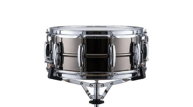 Metal snare drum with chrome hardware stands isolated on a clear white background.