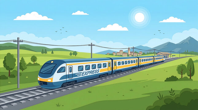 Modern passenger train vector moving through scenic green landscape
