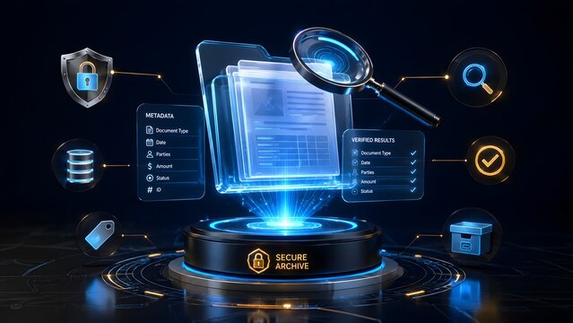 Futuristic digital interface demonstrating secure document archiving and advanced data management with metadata analysis for information verification and protection.