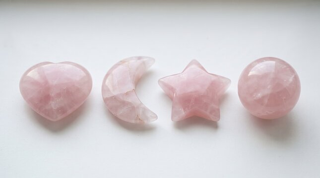 Rose quartz crystal set, polished pink gemstone heart and moon shapes, spiritual healing stones on white background