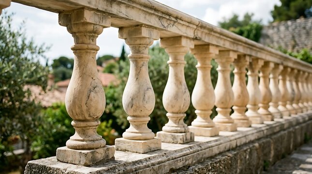 Classic stone balustrade railing overlooking a lush Mediterranean garden terrace