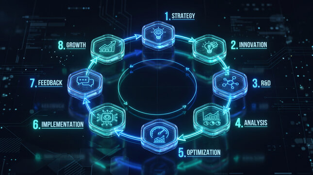 Futuristic digital workflow diagram showing an eight step circular process for business finance advisory strategy, working capital development, and growth implementation