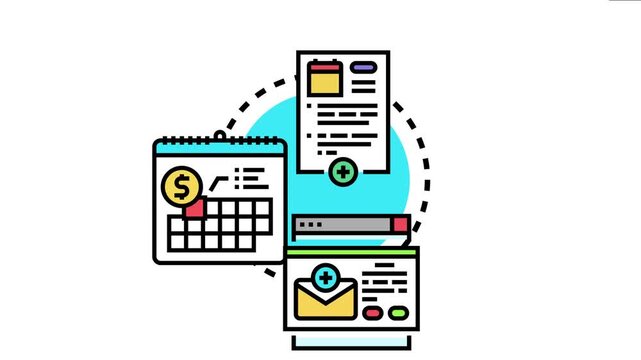 Account subscription renewal concept showing important steps like a calendar payment reminder, a contract document, and an email notification