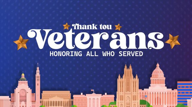 Thank You Veterans Honoring All Who Served Text Animation with Paper Cut Style US Government Landmarks and Gold Stars