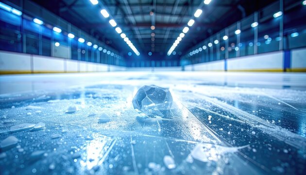 Close-up of a cracked ice chunk on a hockey rink surface.