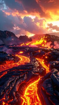 A dramatic volcanic eruption with molten lava flowing through a rocky landscape under a fiery sky.