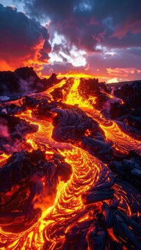 A dramatic volcanic eruption paints the sky with fire and smoke.