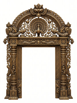 Ornate South Indian temple doorway frame with peacock crown, openwork floral vines, carved pillars and golden bronze ornament