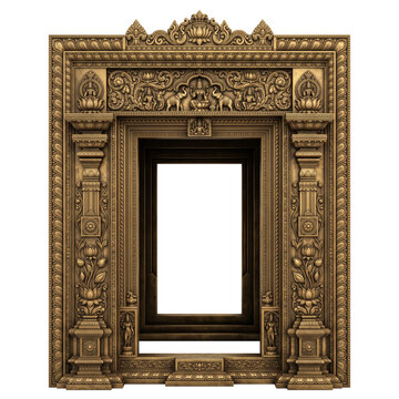 Compact South Indian temple doorway frame with layered geometric borders, carved floral panels and recessed bronze opening