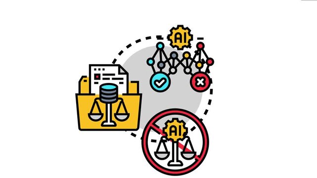 Icon conceptualizing ai accountability for transparent decision making, showing justified data handling, fair evaluation, and ensuring ethical outcomes in automated systems