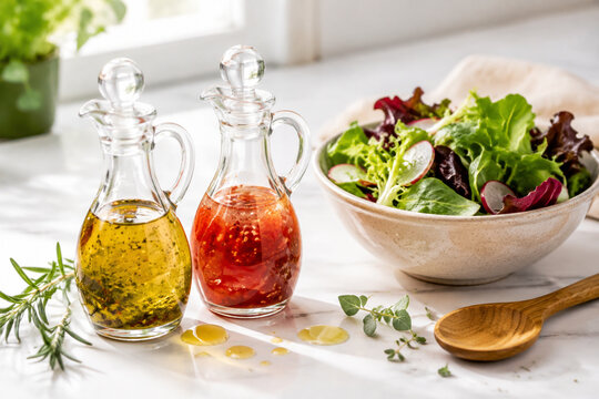 Glass cruets with salad dressing beside bowl of mixed salad leaves, healthy food and cooking concept
