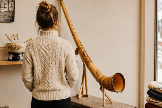 Person in chunky knit sweater beside carved wooden alphorn and fondue pot, alpine lifestyle display concept